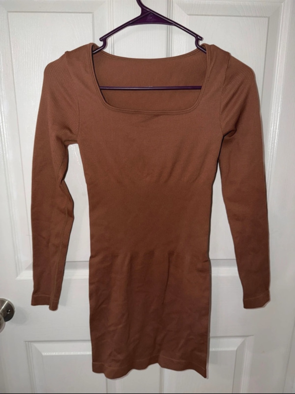 Women's Square Neck Long Sleeve Top Dress - Brown